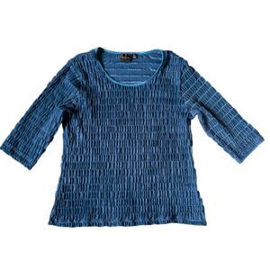 Tribal Blue Textured Pleated 3/4 Sleeve Top L Jewel Tone Shimmer Stretch Blouse